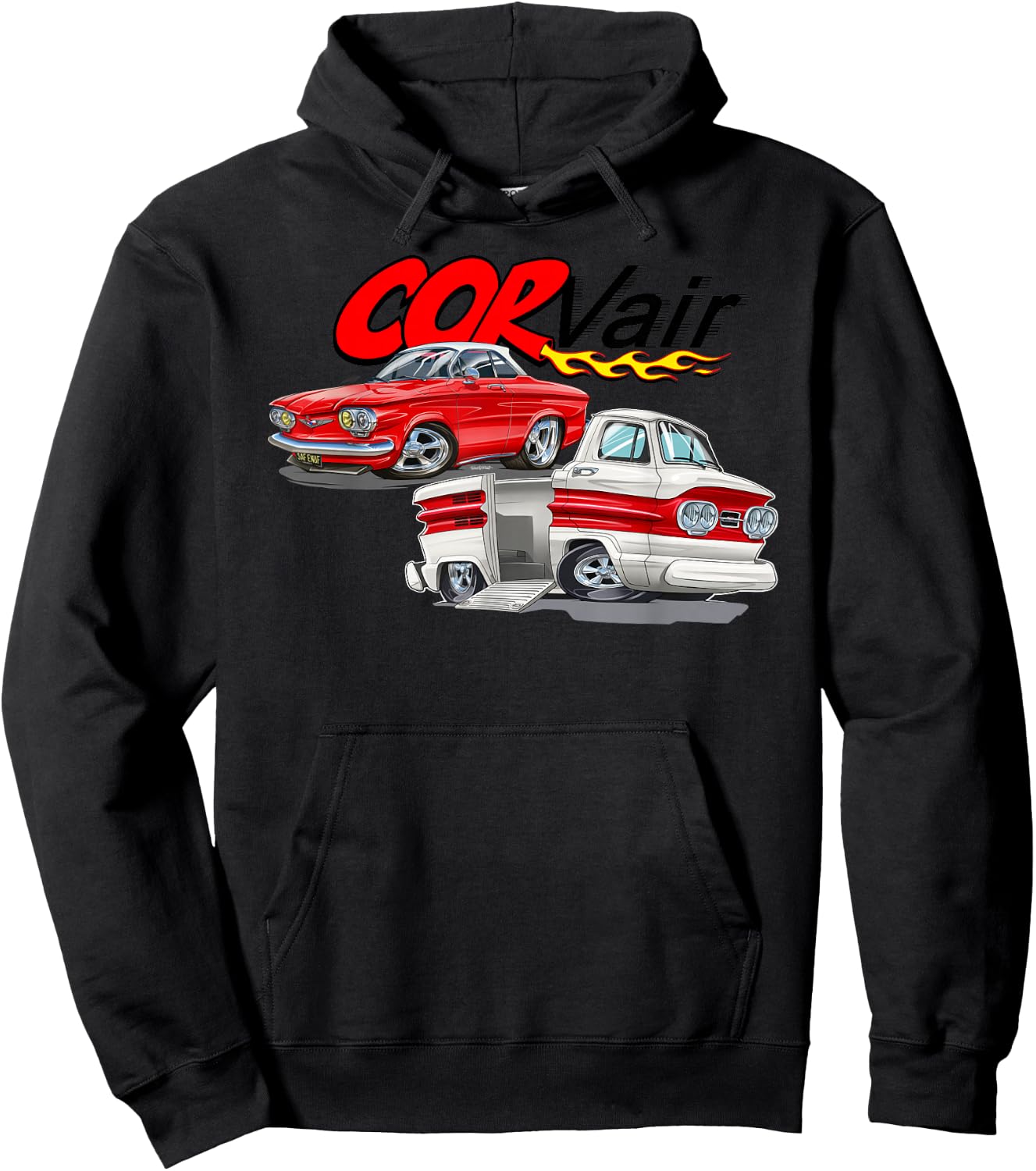 Corvair Cartoon Coupe and Rampside Truck Hoodie - Hoodie | Black