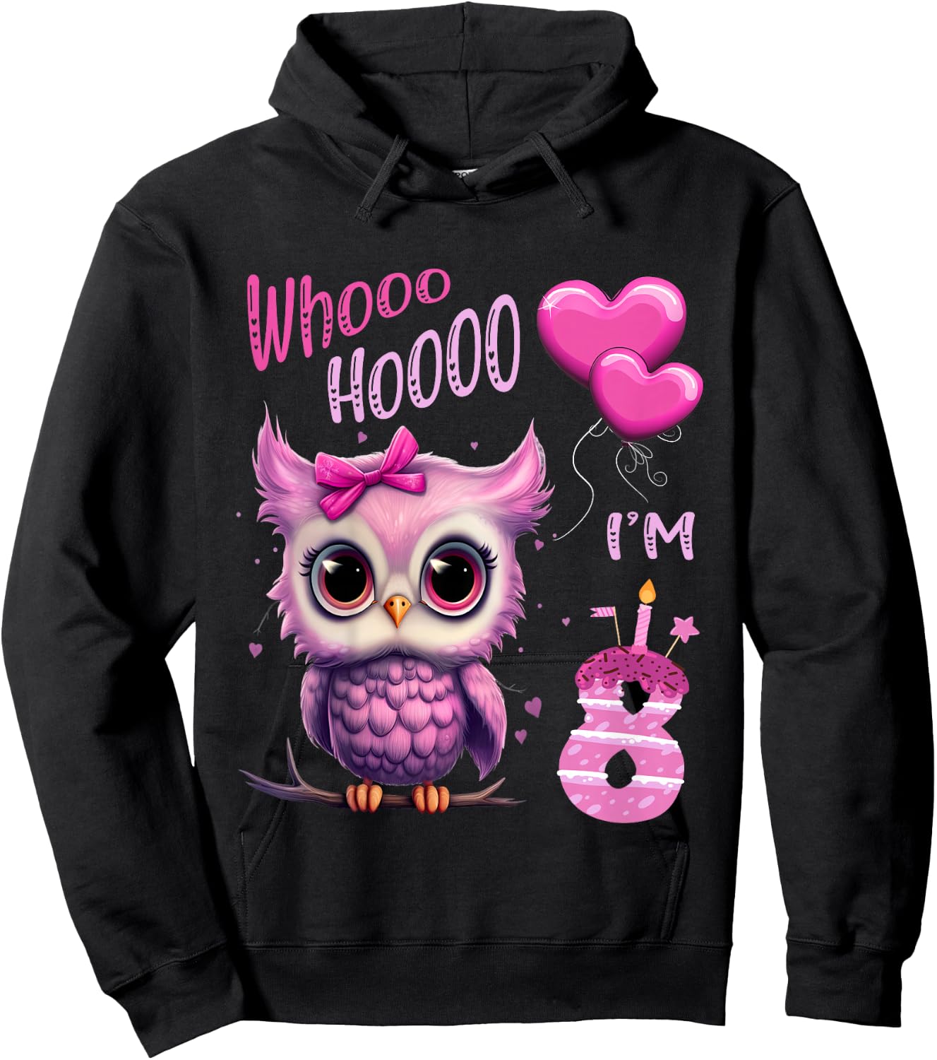 Birthday Shirt Cute Owl - Whooo hooo I’m 8 Years - Girls Hoodie - Hoodie | Black