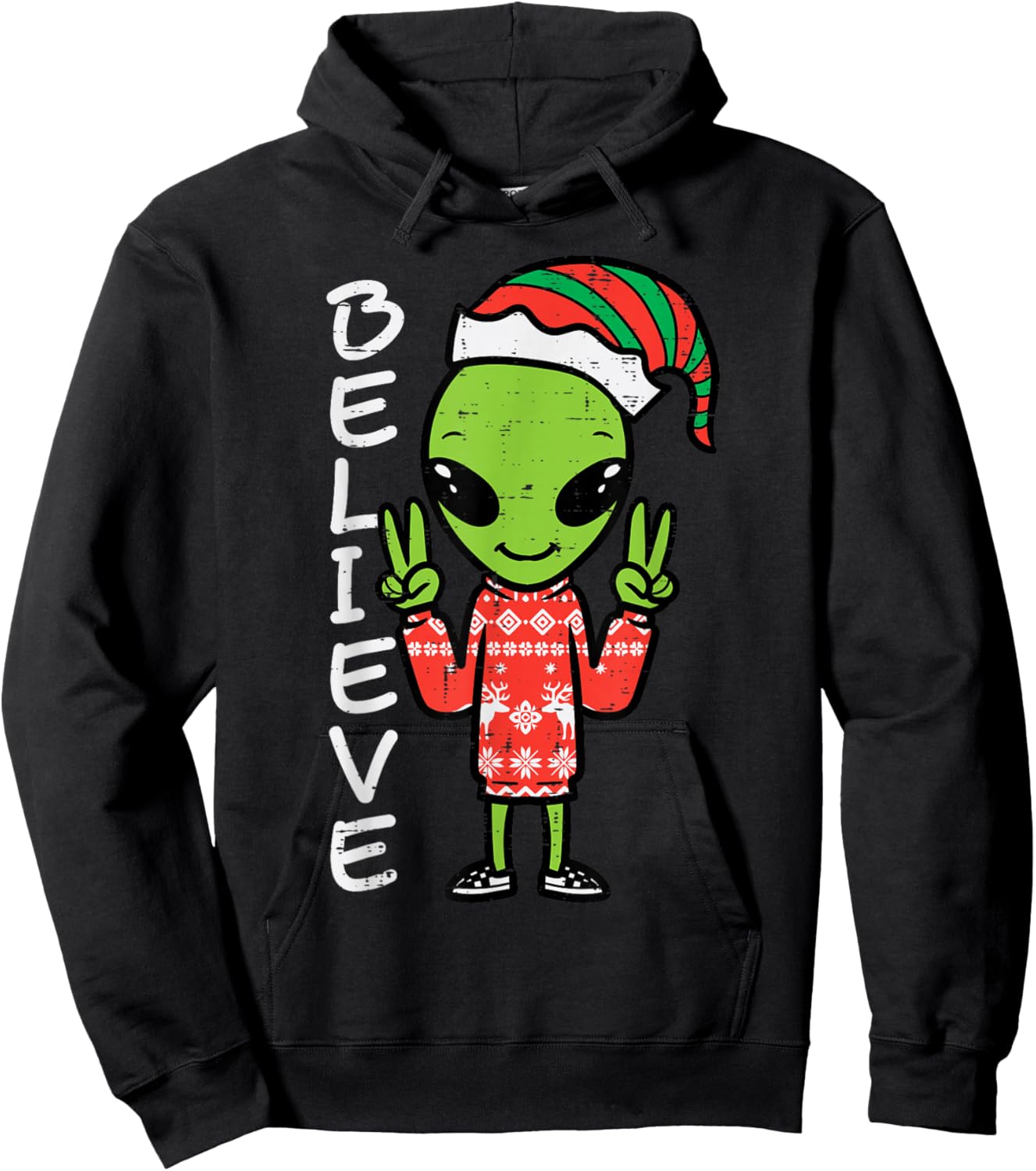 Christmas Alien Elf Believe Funny Xmas Space Men Women Kids Hoodie - Hoodie | Black