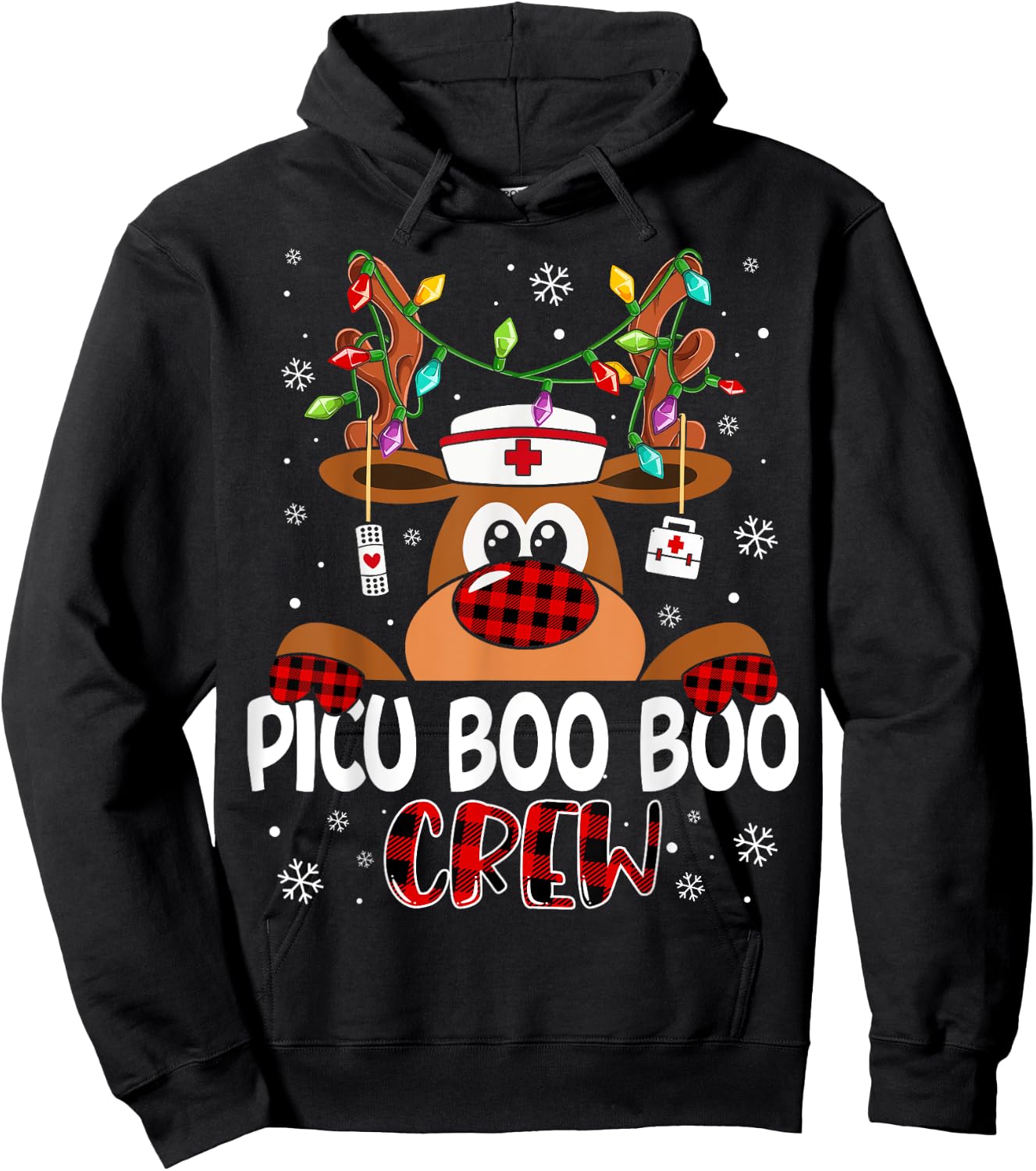 Reindeer PICU Nurse Boo Crew Christmas Buffalo Plaid Nurse Hoodie - Hoodie | Black