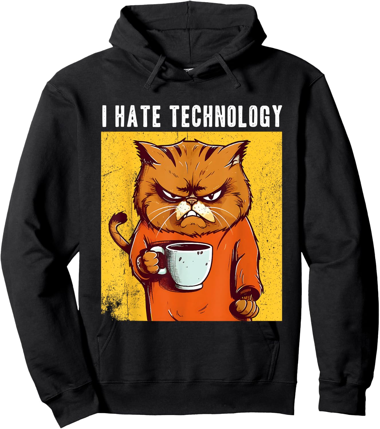 Angry cat drinking coffee I hate technology funny cynical Hoodie - Hoodie | Black