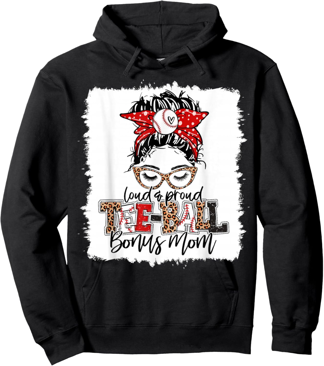 T-Ball Bonus Mom Ball Leopard Print Squad Messy Bun Hair Hoodie - Hoodie | Black