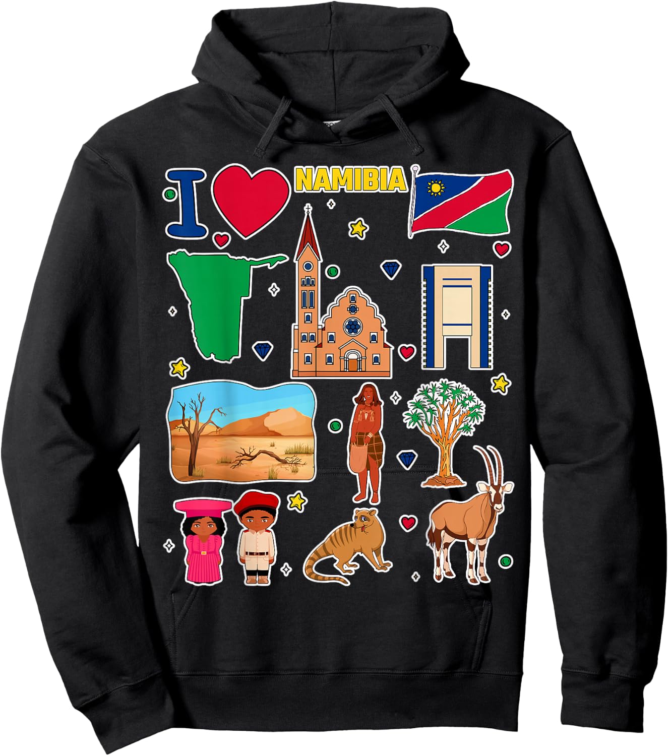Namibian hand drawn symbols, Namibia map, cultural icons Hoodie - Hoodie | Black