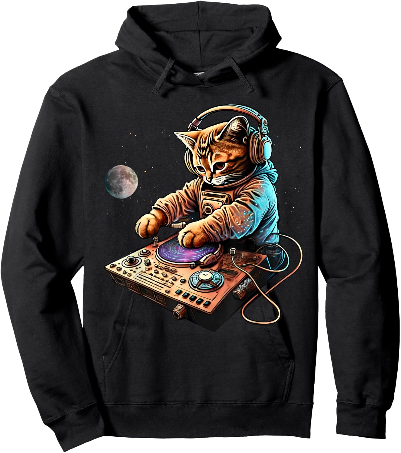 DJ Cat, Cute Space Cat Disc Jockey Cat in Astronaut Suit Hoodie - Hoodie | Black