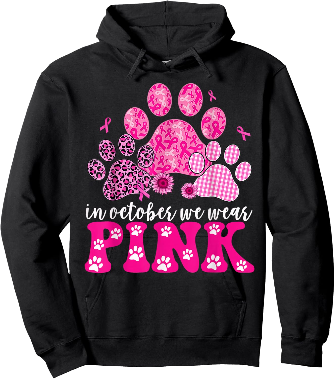In October We Wear Pink Dog Cat Paw Breast Cancer Awareness Hoodie - Hoodie | Black