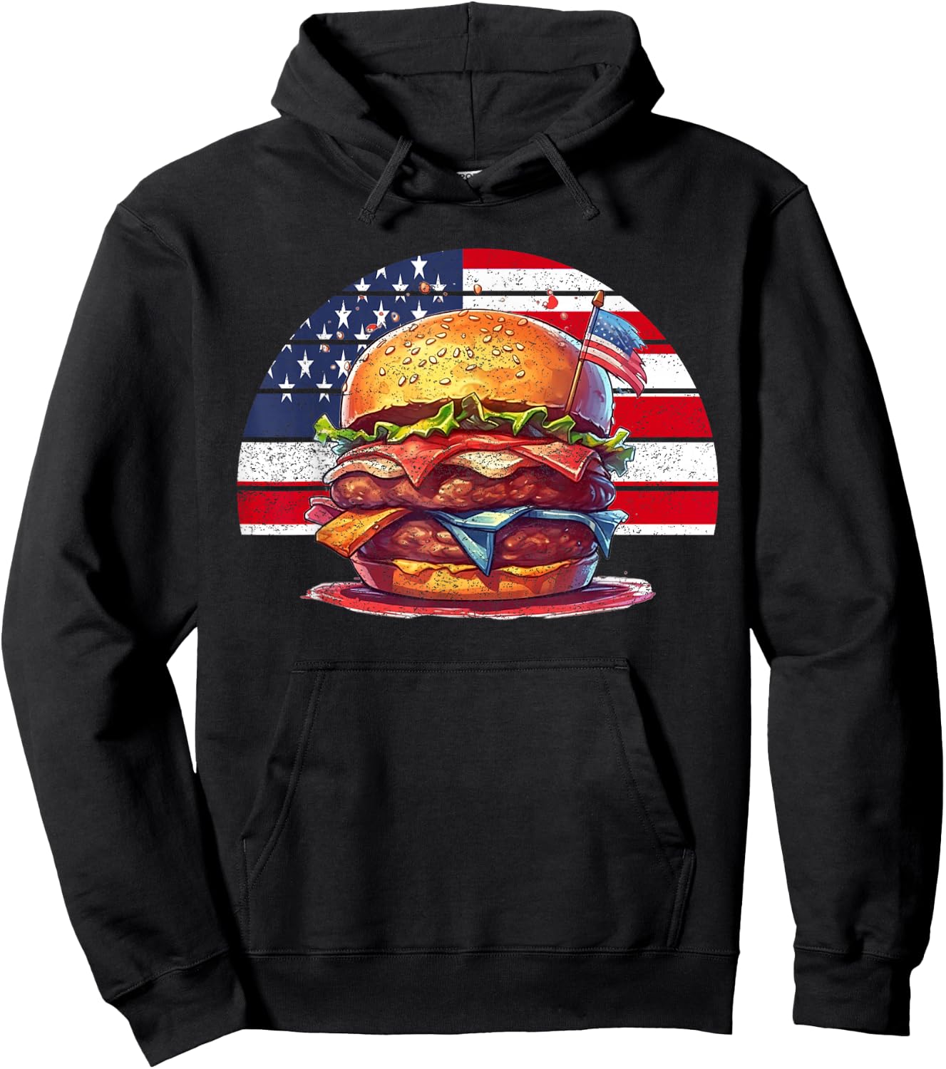 4th Of July Burger Vintage American USA Flag Women Hoodie - Hoodie | Black
