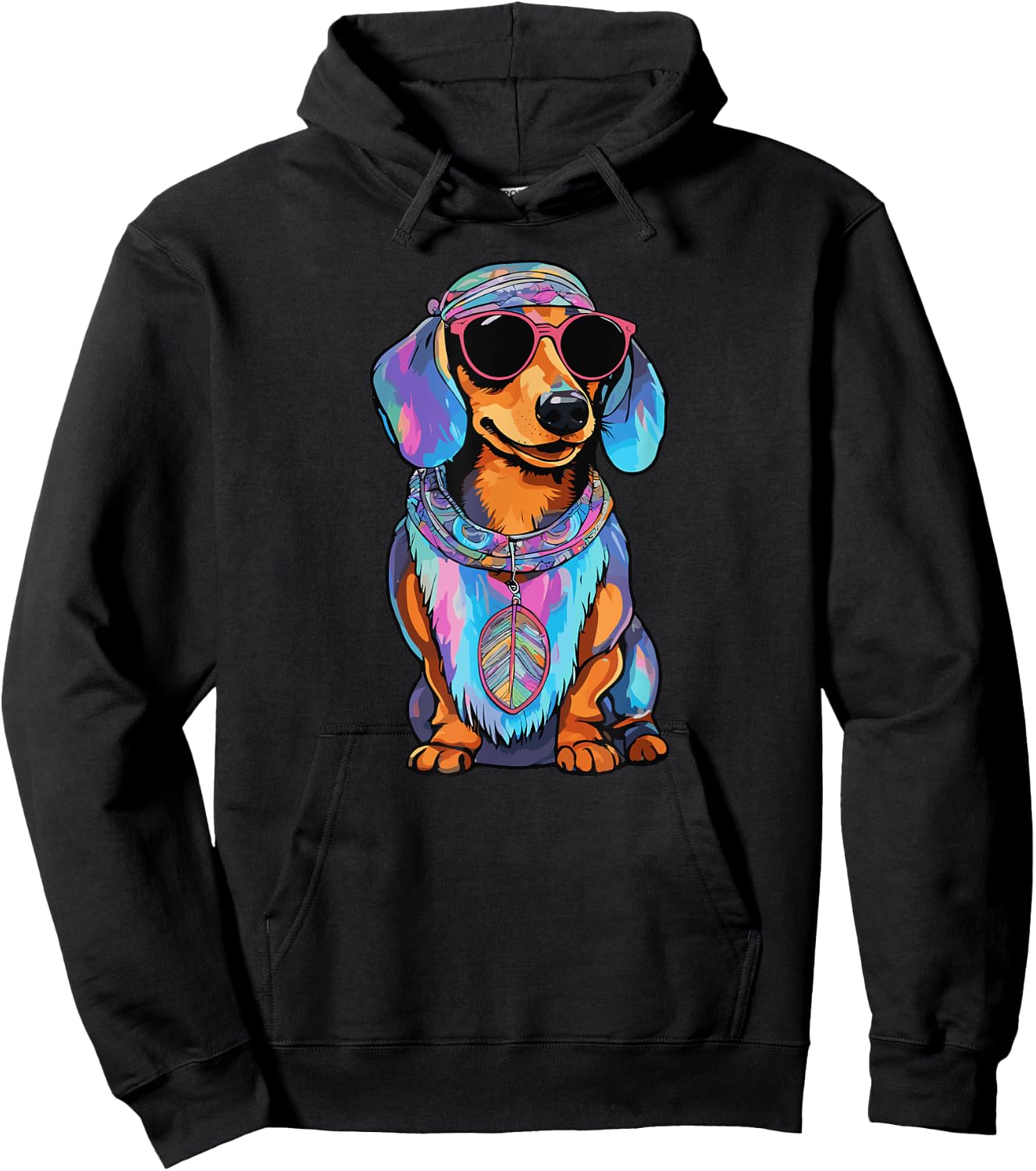 Colorful Tie Dye Hippie Dachshund Dog Wearing Sunglasses Men Women Girls Kids Hoodie - Hoodie | Black