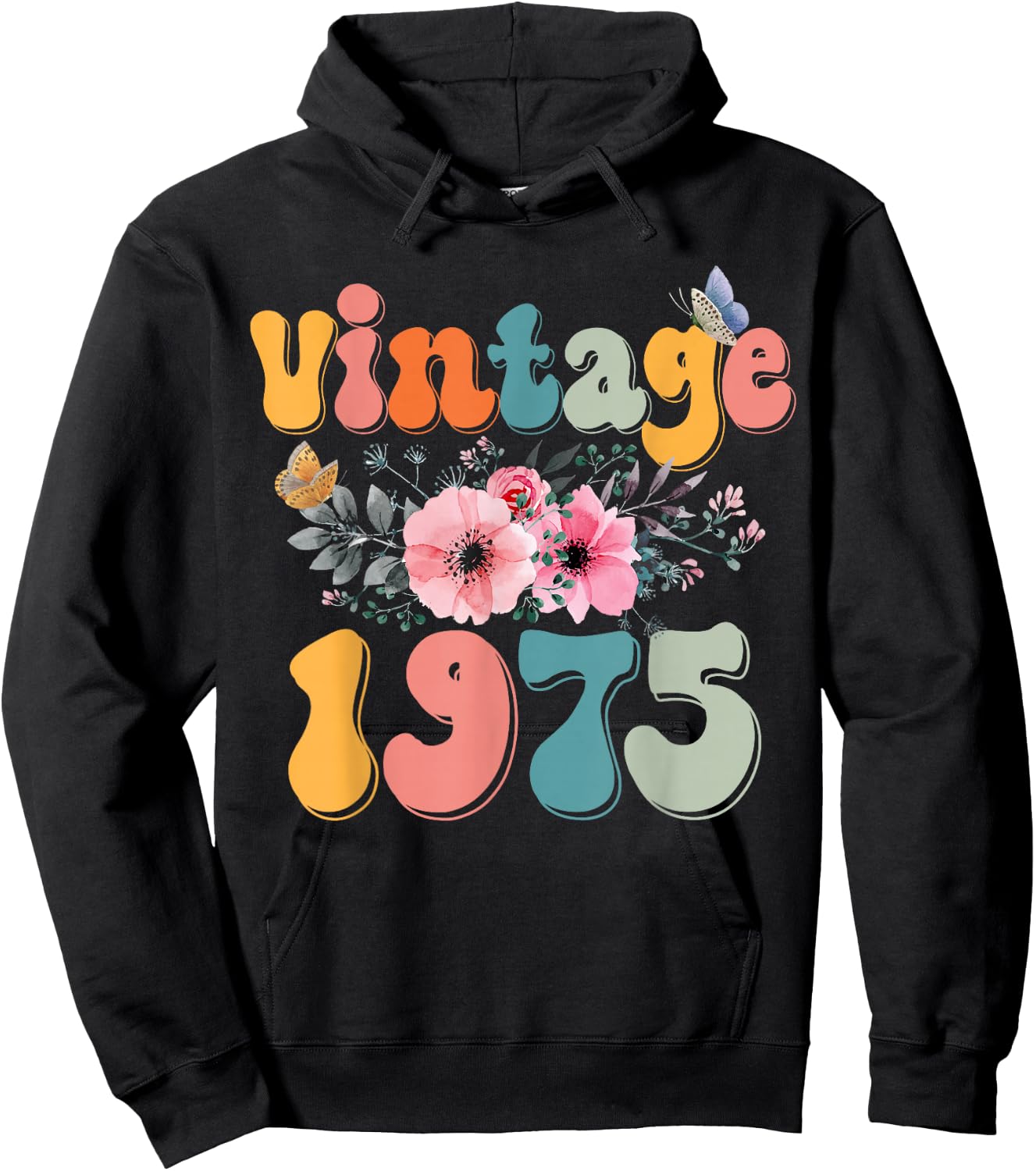 Retro Groovy Vintage 1975 Floral Butterfly 50th Birthday Hoodie - Hoodie | Black