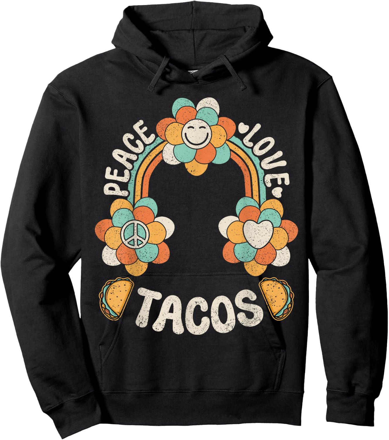 Groovy Rainbow Outfit Mexican Food Lover Peace Love Tacos Hoodie - Hoodie | Black