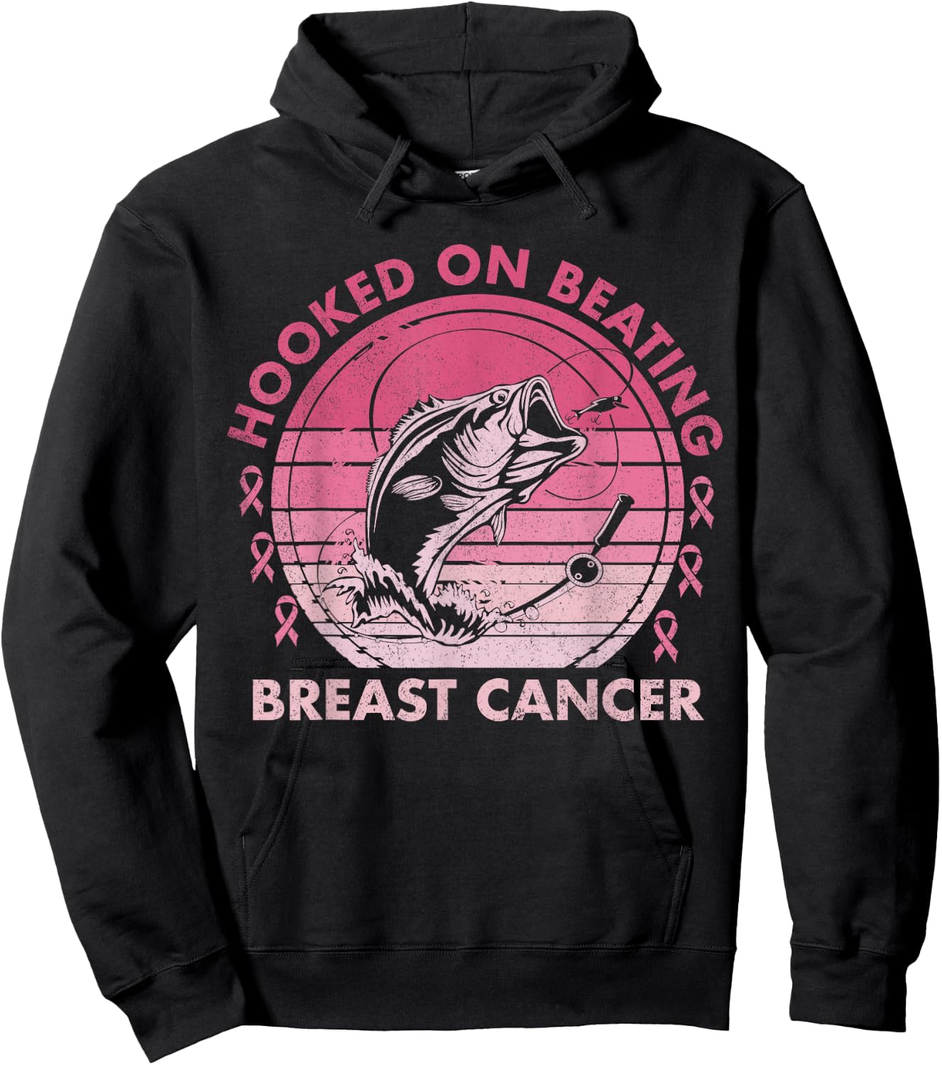 Hooked on Beating Breast Cancer Awareness Fishing Vintage Hoodie - Hoodie | Black