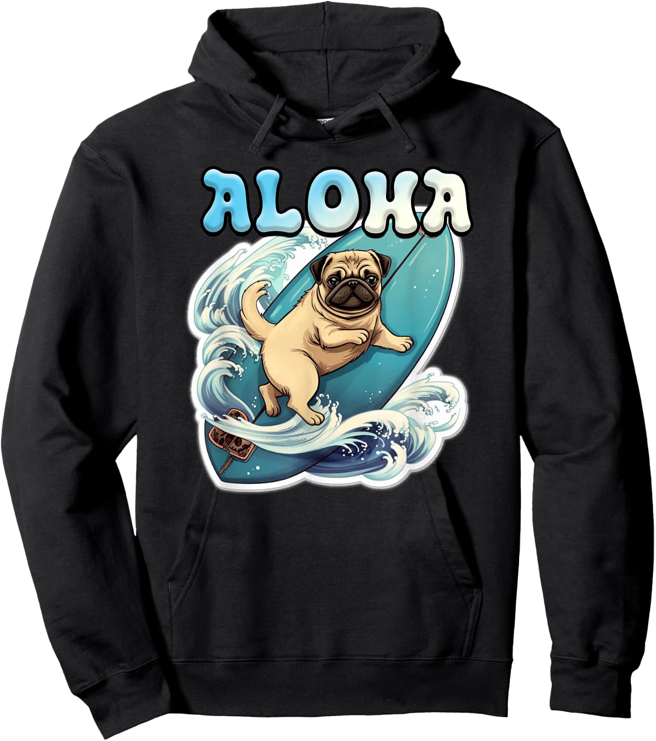 Pug Surfing - Aloha - Surf Board & Wave Hoodie - Hoodie | Black