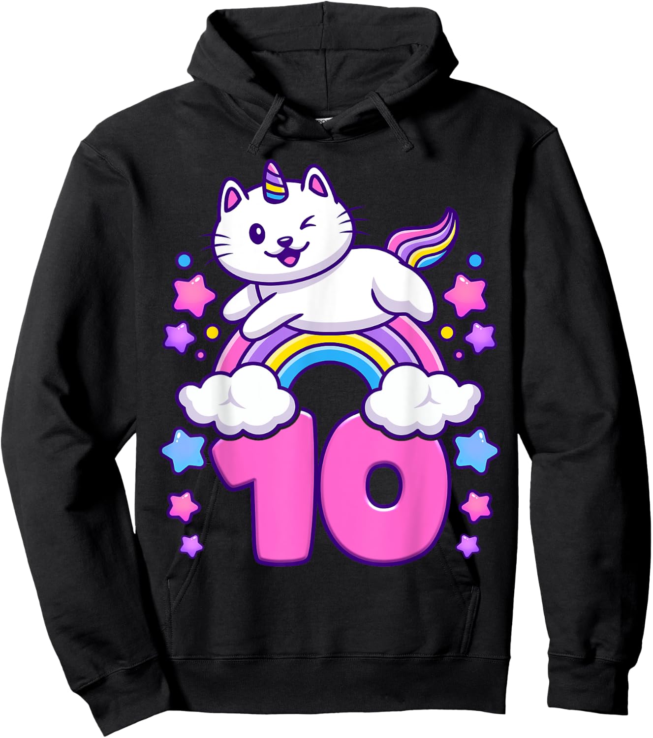 Birthday girl 10 years old, cat, unicorn, 10th birthday Hoodie - Hoodie | Black
