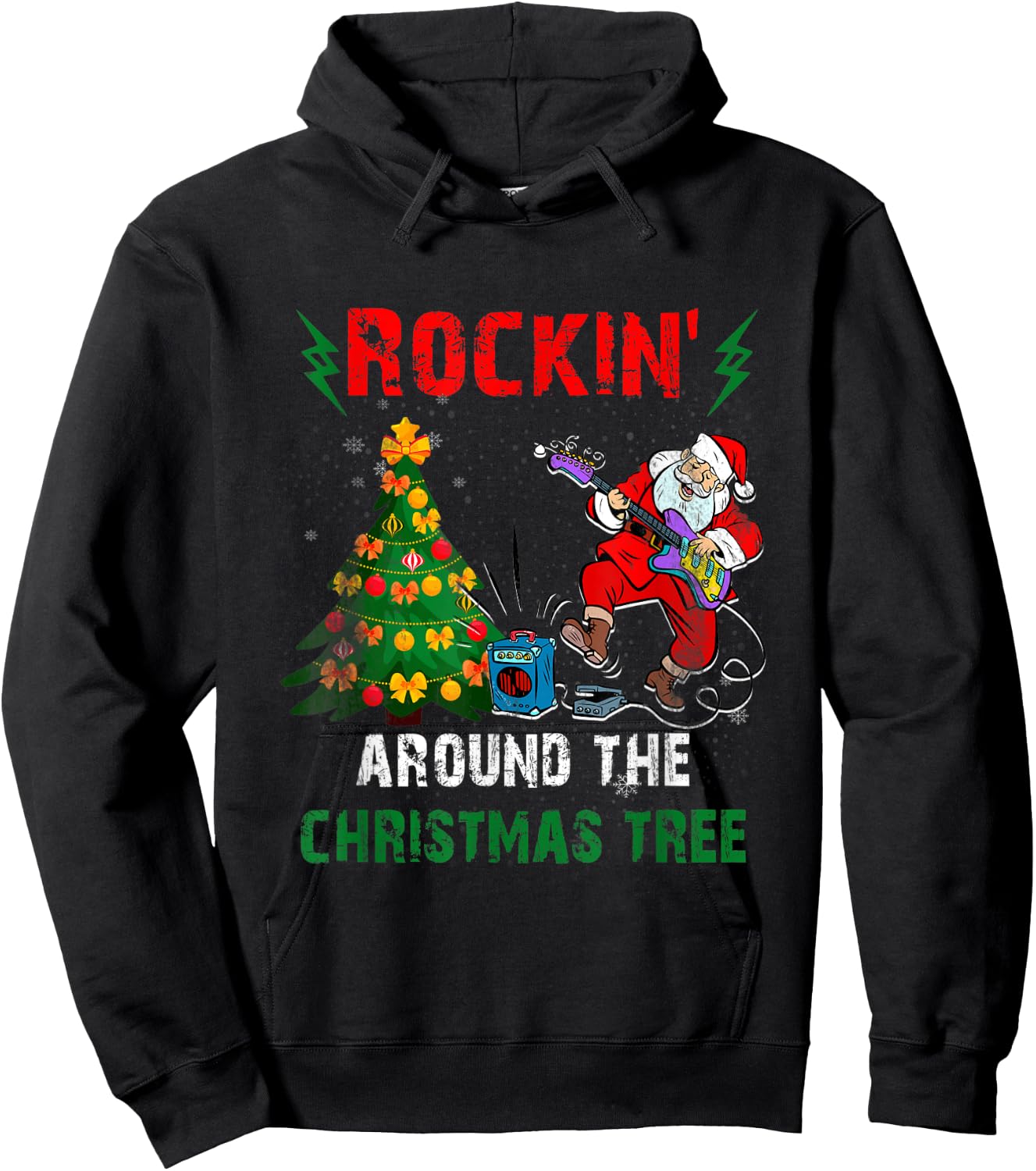 Rockin Around Christmas Tree Funny Rocker Santa Music Hoodie - Hoodie | Black