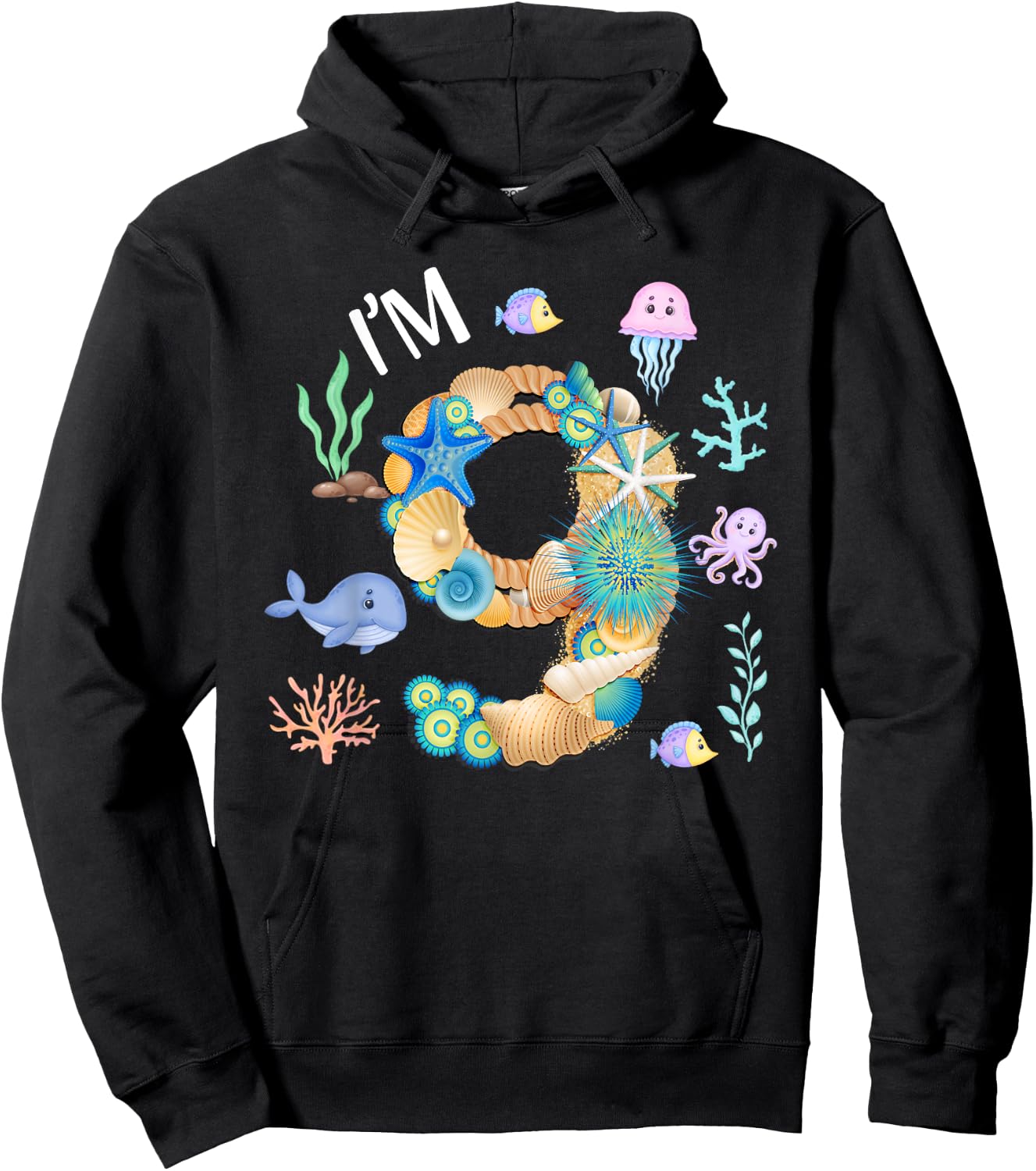 Under The Sea 9th Birthday Boy Whale Fish 9 Year Old Bday Hoodie - Hoodie | Black