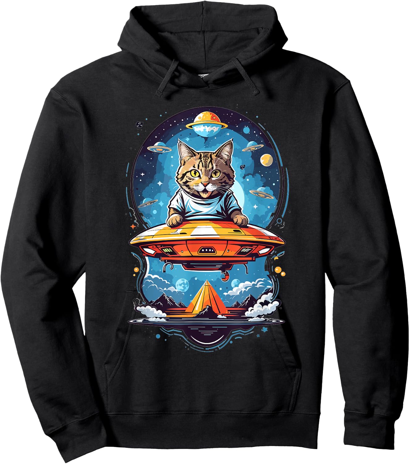Aliens and UFO Cats Cute Cat Abducted By UFO Graphic - Black - -Adults/Kids - Short Sleeve - Small - Classic Fit - Cotton 50% Polyester 50% Hoodie - Hoodie | Black