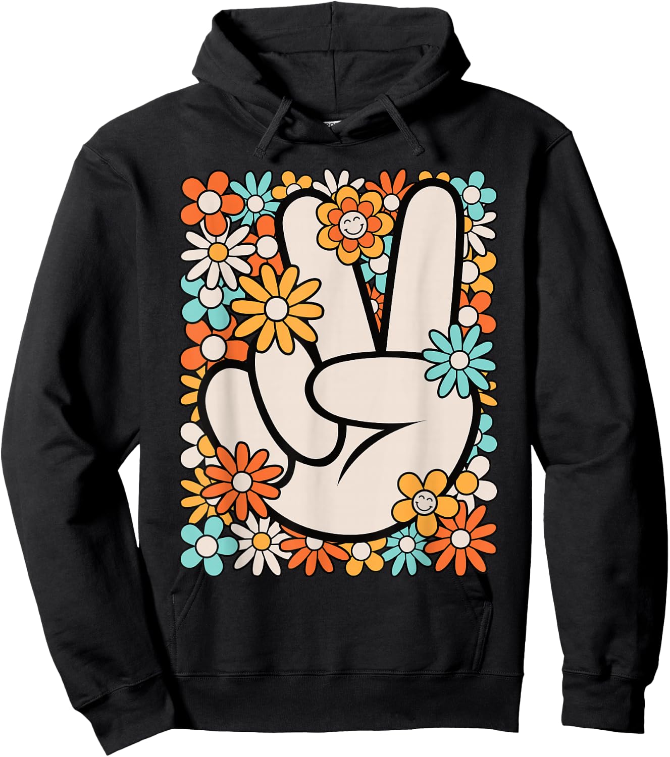 Hippie Peace Hand Sign Groovy Flower 60s 70s Men Women Kids Hoodie - Hoodie | Black