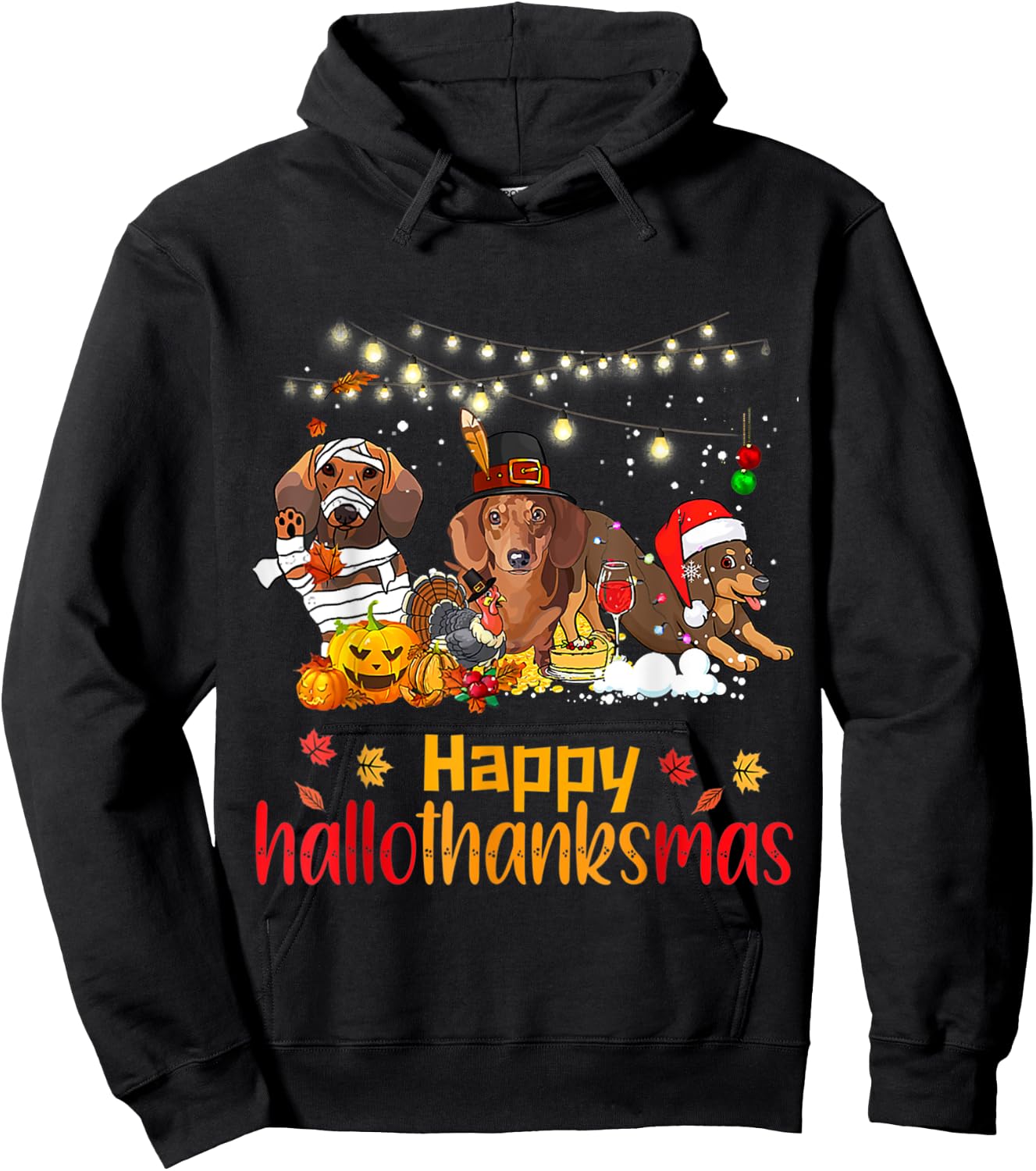 Halloween Christmas Happy Hallothanksmas Dachshund Dog Lover Hoodie - Hoodie | Black