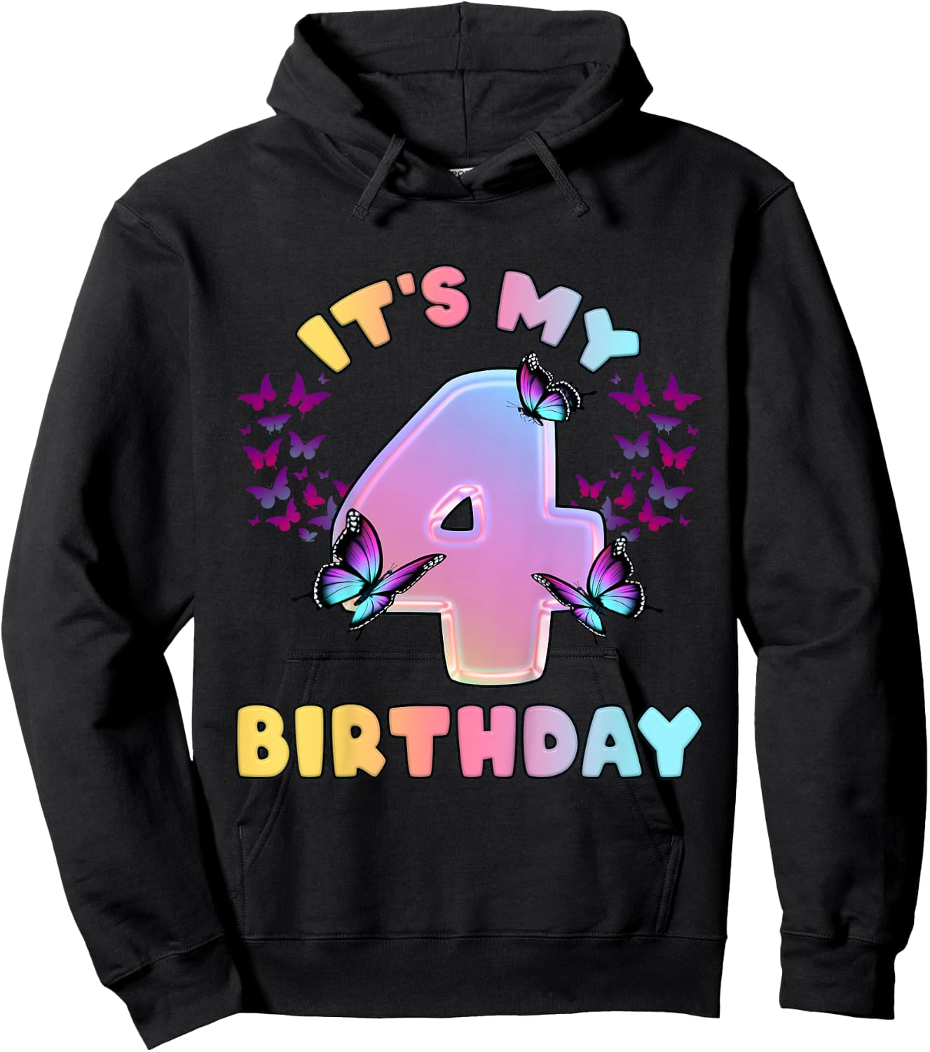 Birthday Girl 4 Years Old Butterfly Hoodie - Hoodie | Black