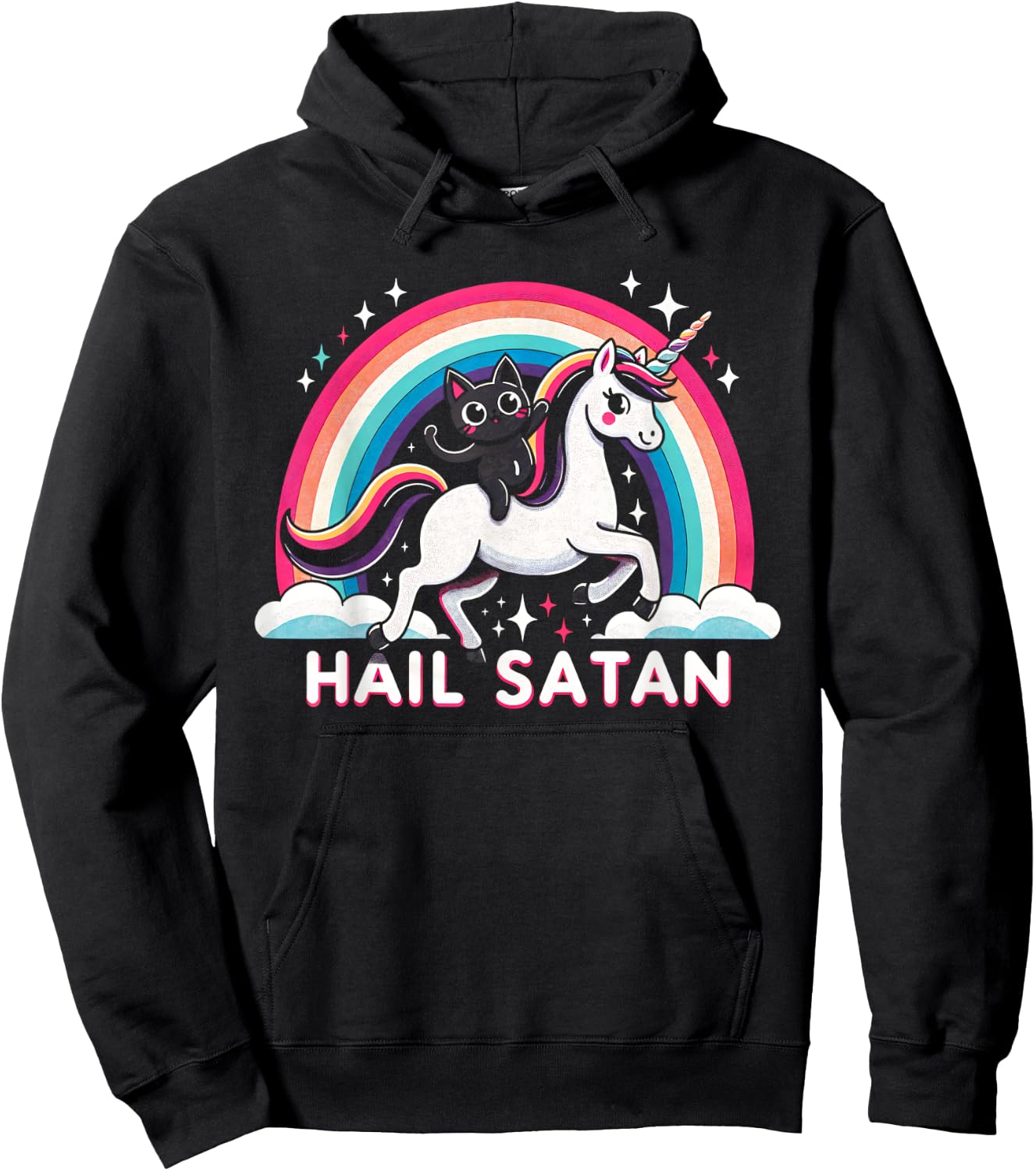 Cute Satanic Cat Riding A Unicorn Over A Rainbow Hail Satan Men Women Kids Hoodie - Hoodie | Black