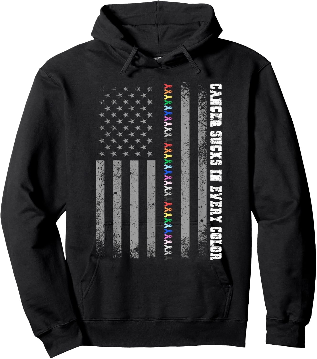 Cancer Sucks In Every Color Fighter American Flag Ribbons Hoodie - Hoodie | Black