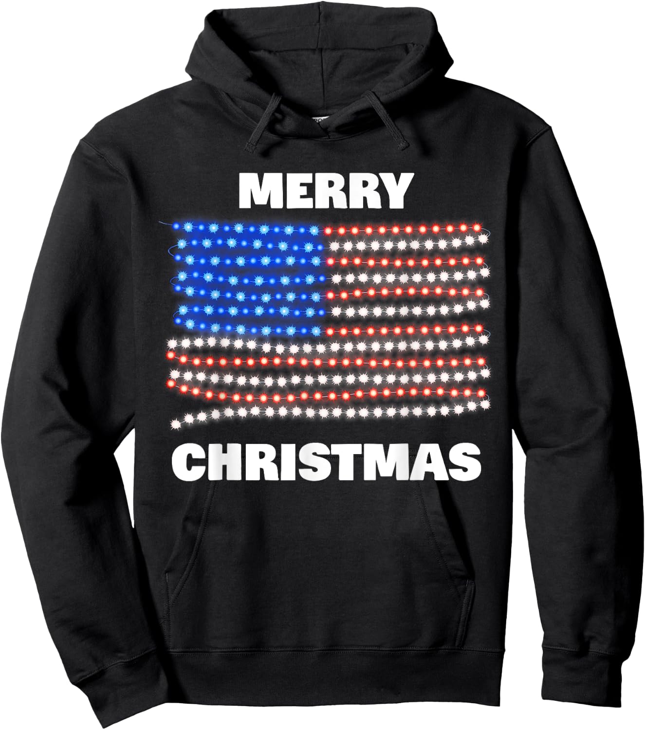 American USA Flag Patriotic Merry Christmas Xmas Lights Women Kids Men Hoodie - Hoodie | Black