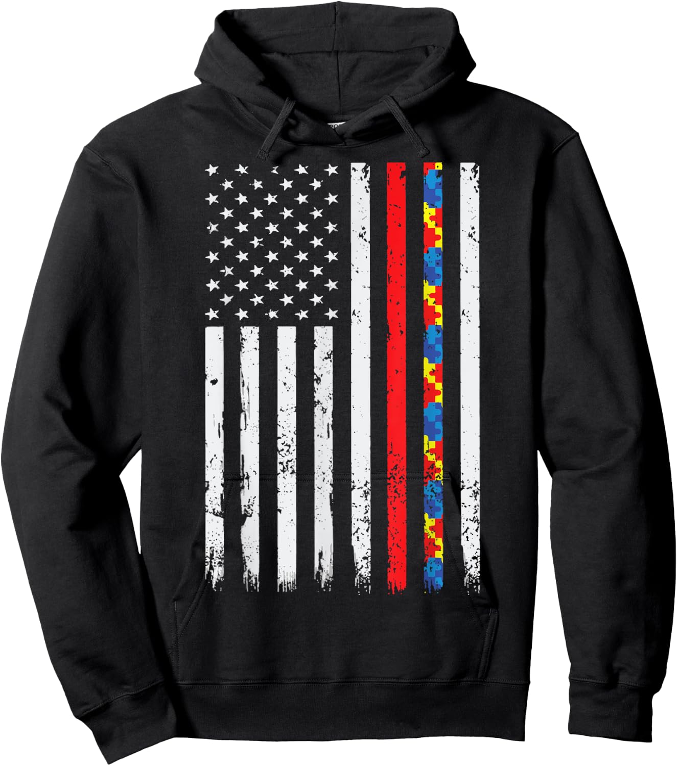 Thin Red Line Firefighter Support Autism 4th July Flag Shirt Hoodie - Hoodie | Black