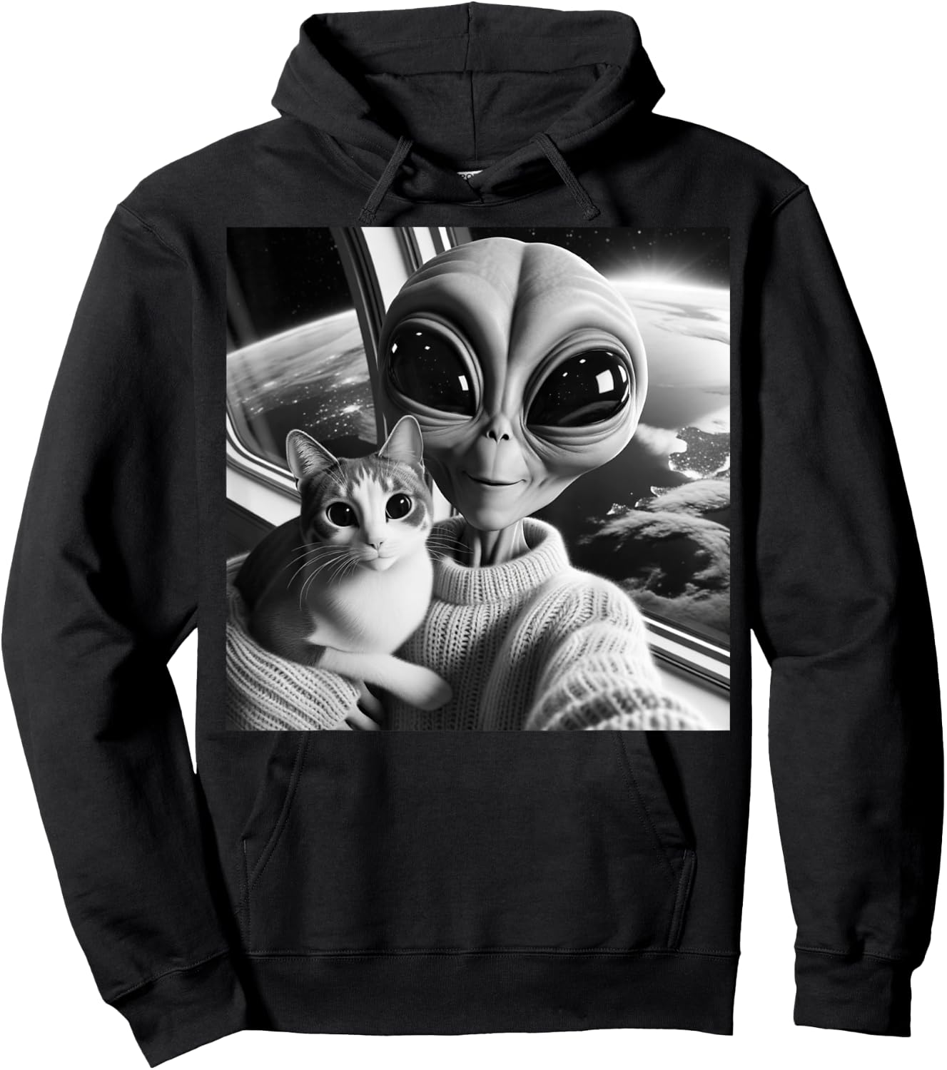 Cute Alien Cat Selfie Funny UFO Earth Photo Women Girls Kids Hoodie - Hoodie | Black