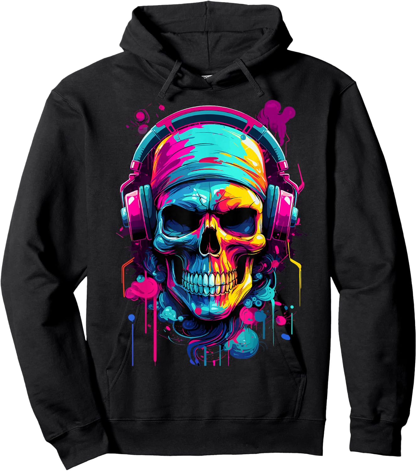 Colorful Skull With Headphones - Music Themed Horror Hoodie - Hoodie | Black