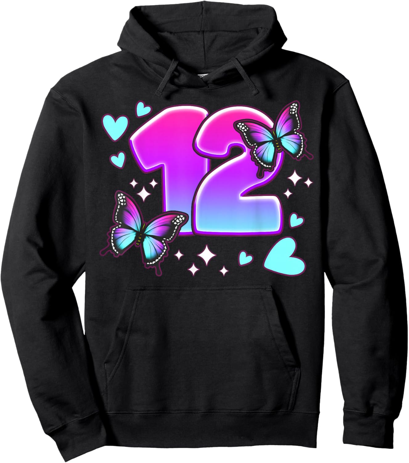 Birthday Girl 12 Years, Butterflies and Number 12 Hoodie - Hoodie | Black