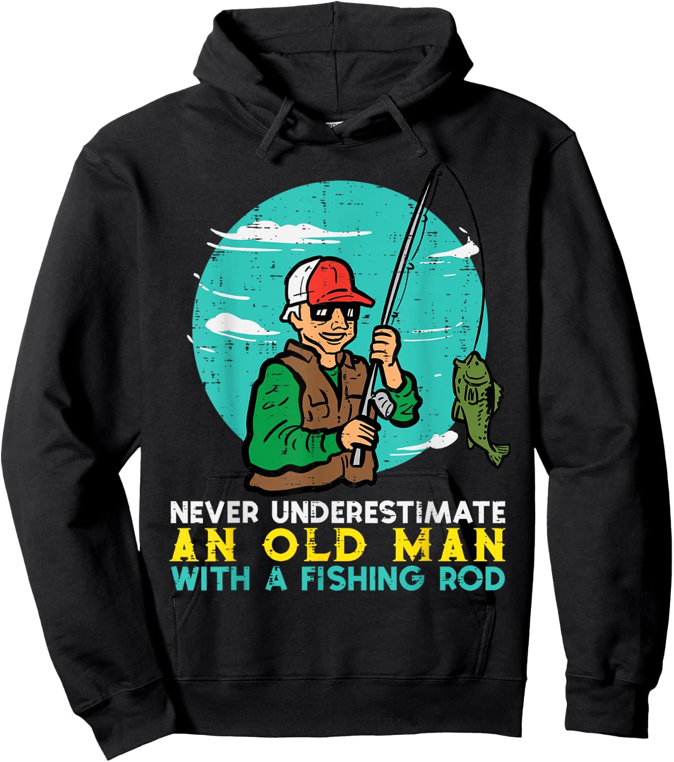 Never Underestimate Old Man Fishing Rod Fun Dad Grandpa Men Hoodie - Hoodie | Black