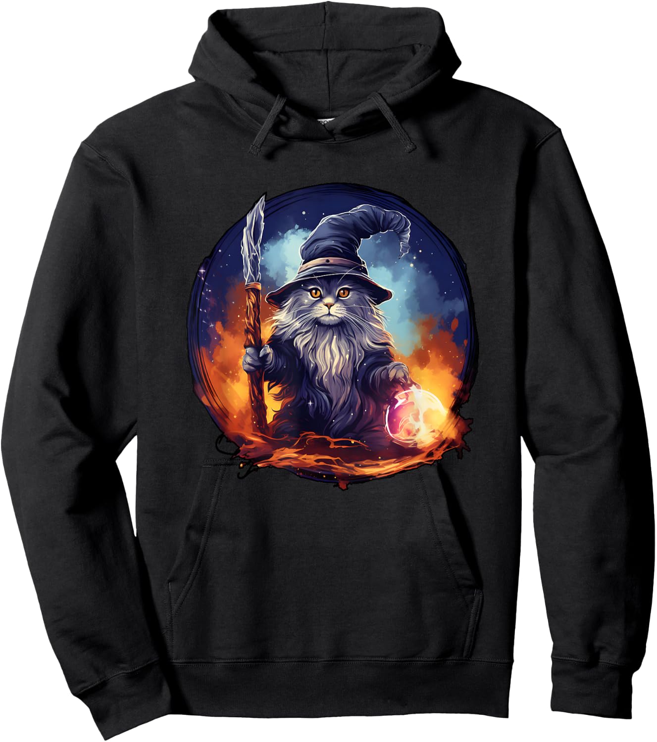 Magical Feline Sorcerer: Enchanting Wizard Cat Hoodie - Hoodie | Black