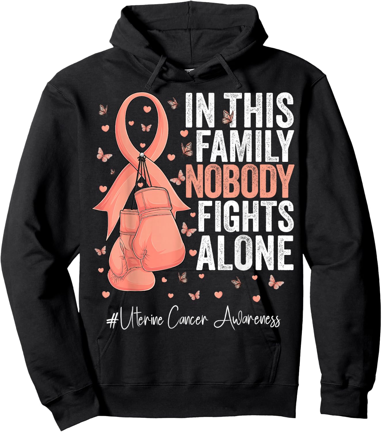 Peach Ribbon Survivor Fighter Uterine Cancer Awareness Hoodie - Hoodie | Black