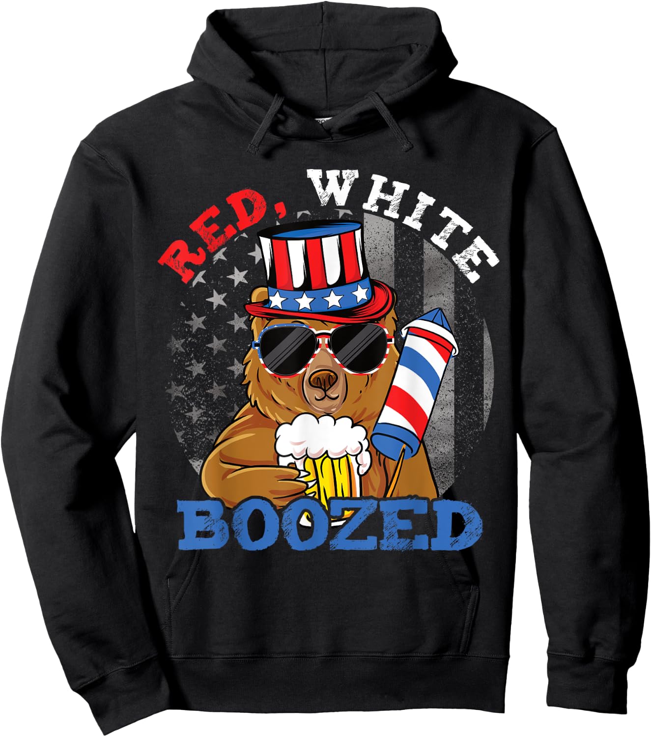 Red White Boozed Funny Bear Booze US 4th of July Hoodie - Hoodie | Black