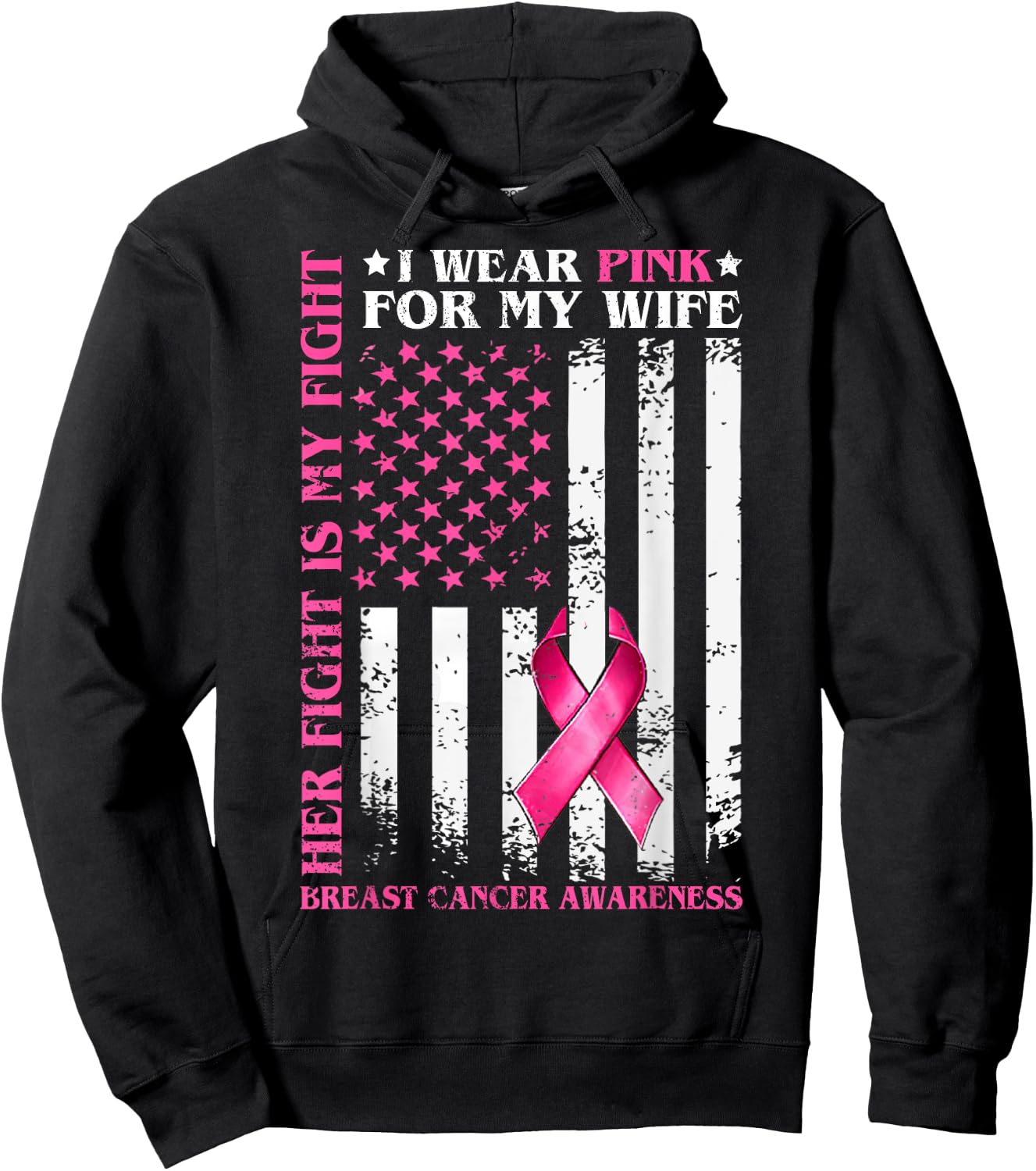 I Wear Pink For My Wife Breast Cancer Husband American Flag Hoodie - Hoodie | Black