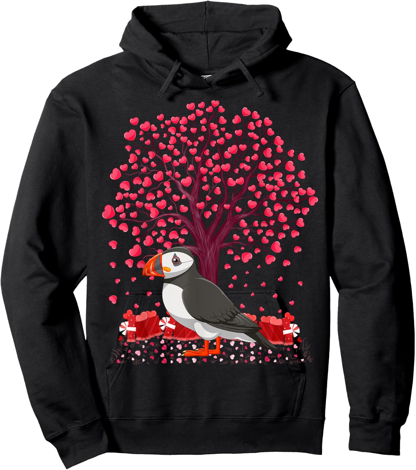 Puffin Bird Lover Heart Tree Puffin Valentine's Day Hoodie - Hoodie | Black