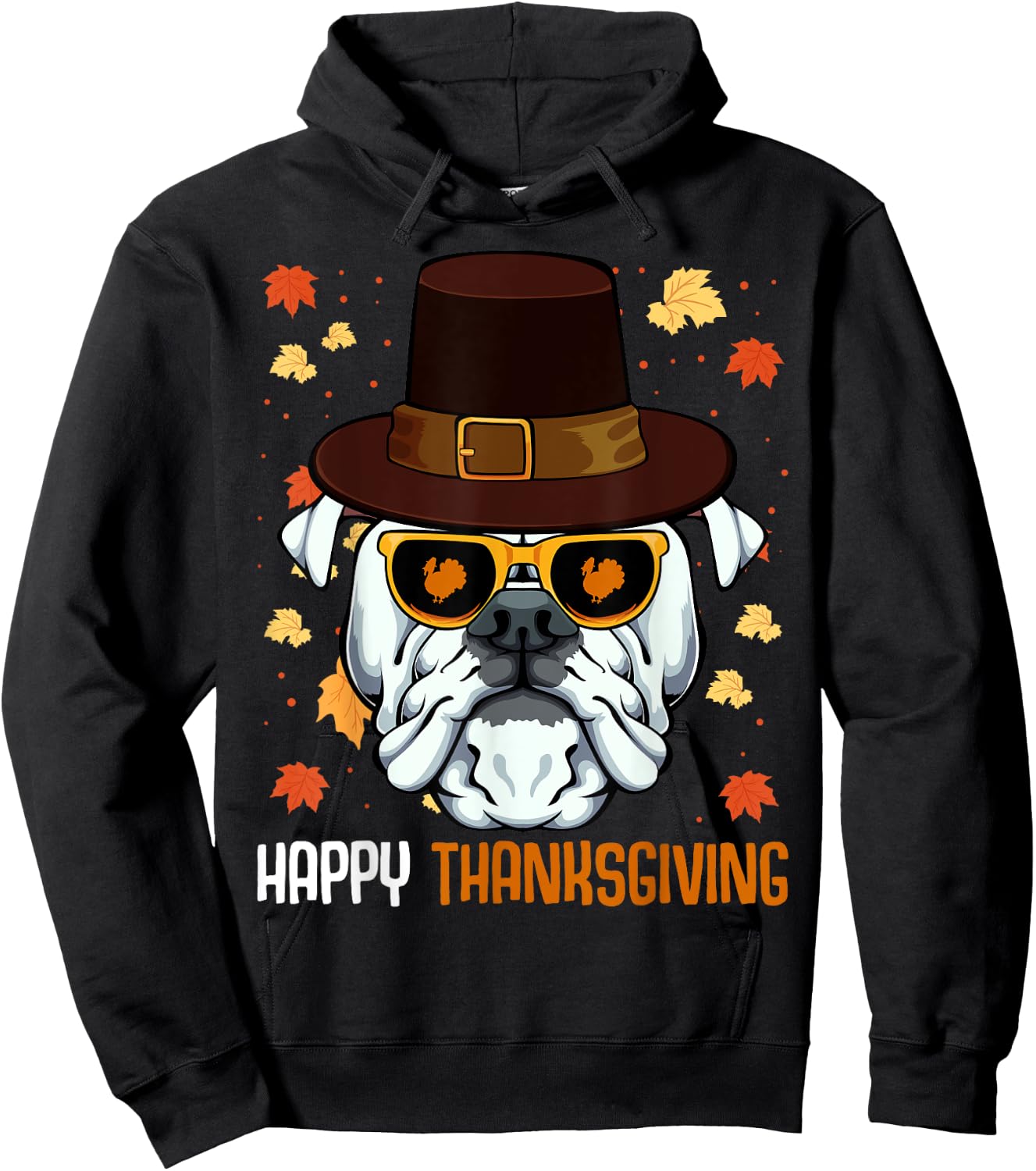 English Bulldog On Sunglasses Thanksgiving Day Dog Turkey Hoodie - Hoodie | Black