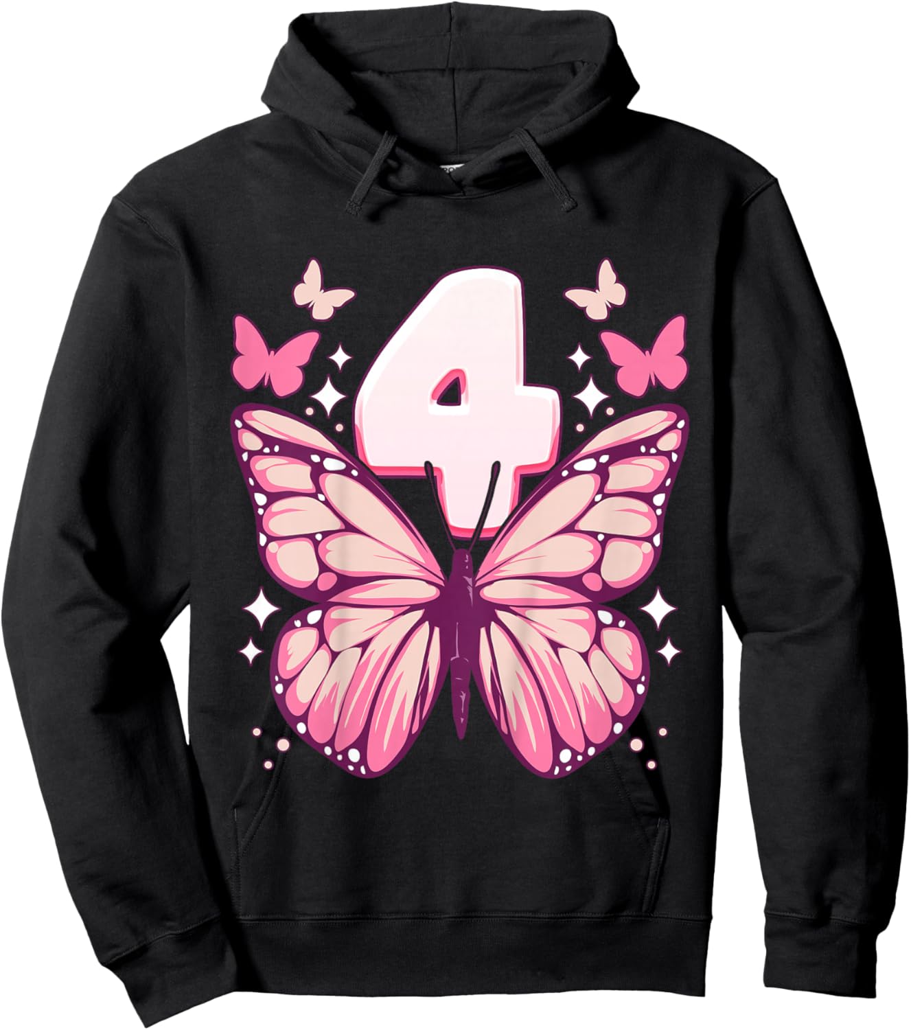 Birthday Girl 4 years, Butterflies and Number 4 Hoodie - Hoodie | Black