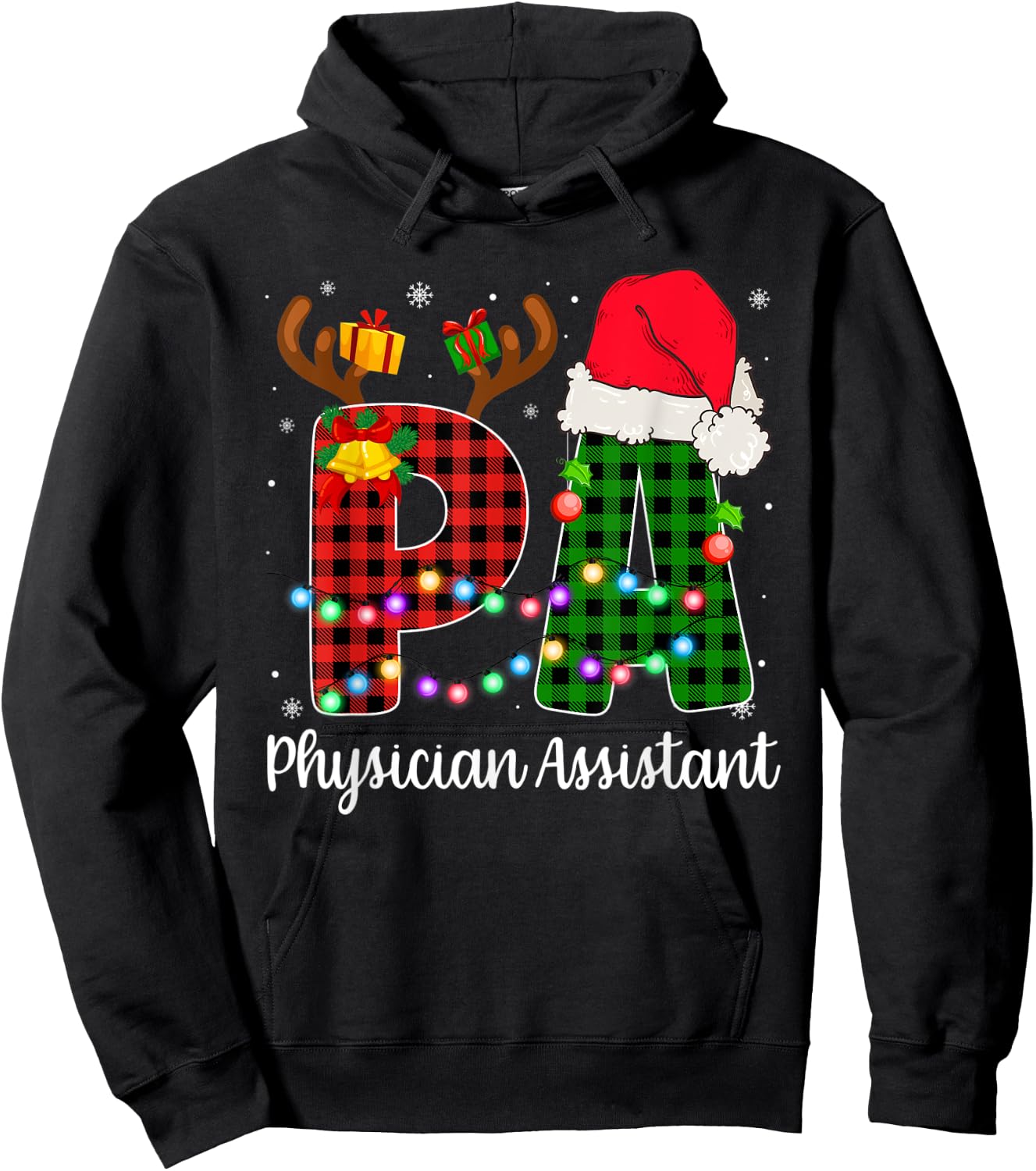 Physician Assistant Christmas Lights Red Plaid PA Nurse CNA Hoodie - Hoodie | Black