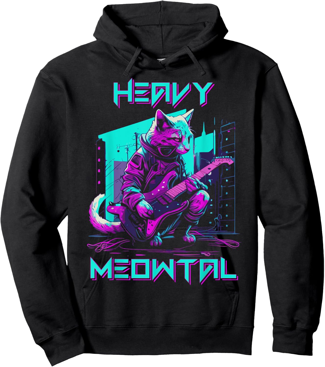 Vaporwave 80s Cat Playing Guitar Cyberpunk Meowtal Hoodie - Hoodie | Black