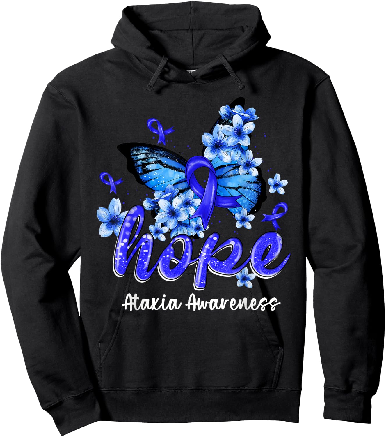 Hope Butterfly Blue Ribbon Ataxia Awareness Gifts Hoodie - Hoodie | Black