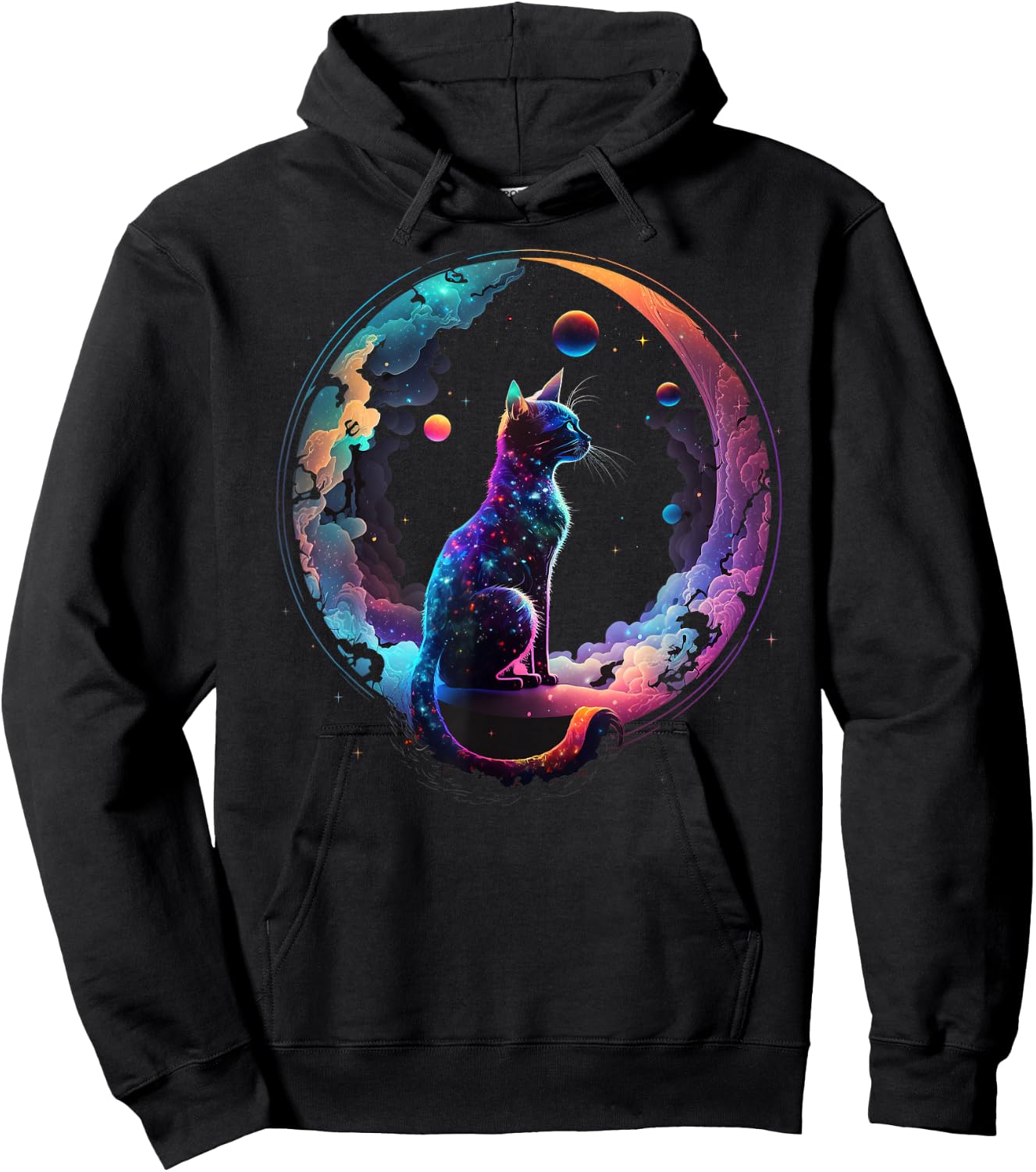 Cosmic Cat Cool Colorful Crescent Moon and Clouds Kitten Hoodie - Hoodie | Black