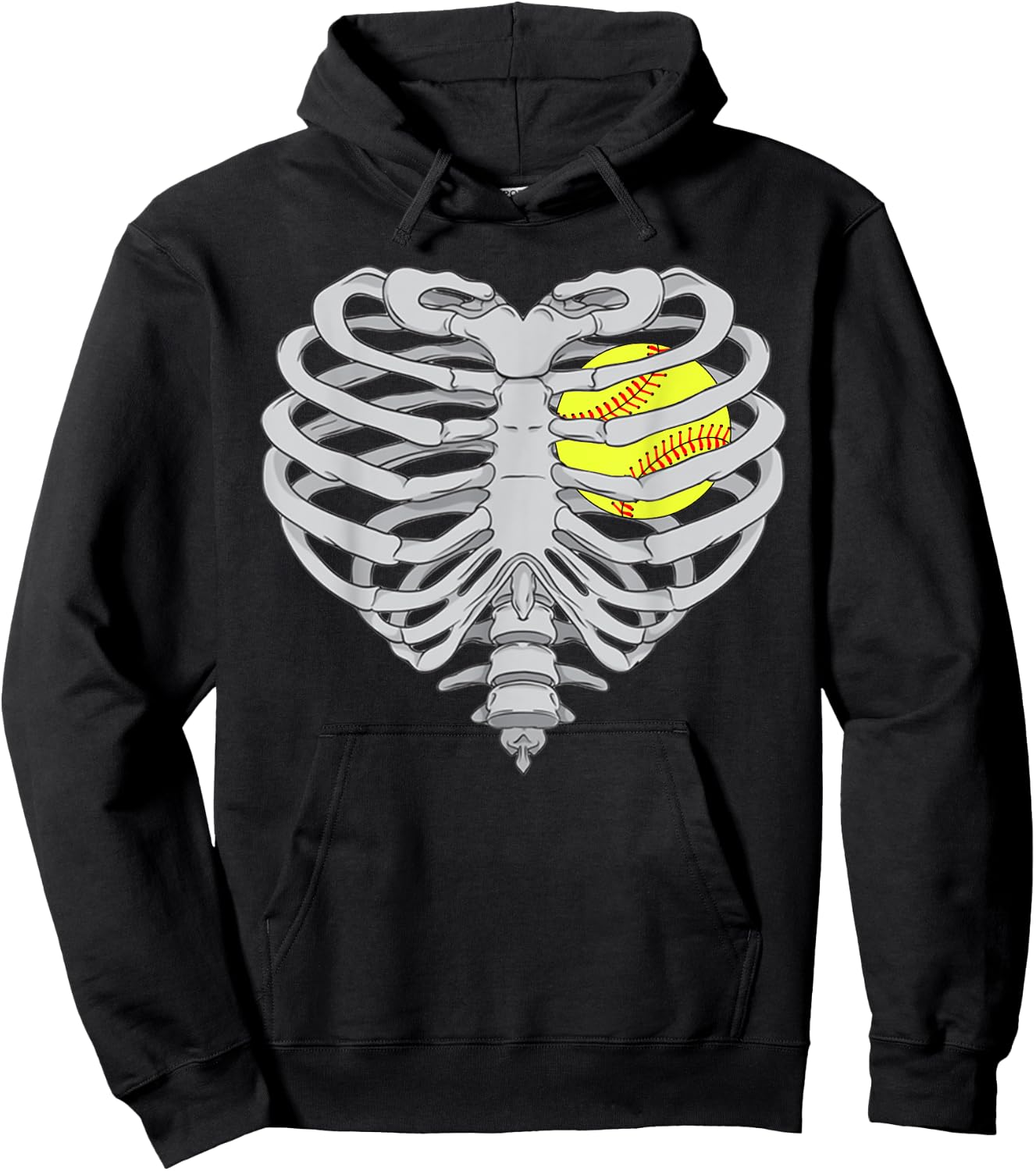 Softball Heart Skeleton RibCage Halloween Love Softball Hoodie - Hoodie | Black