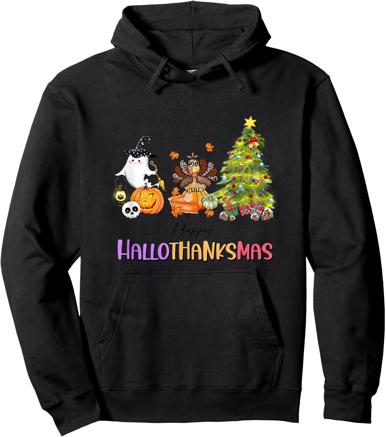 Happy Hallothanksmas Ghost Turkey Christmas Tree Hoodie - Hoodie | Black