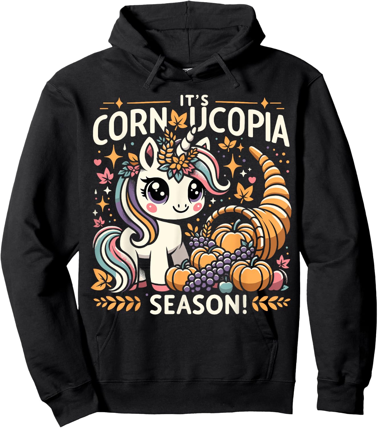 Cute Cornucopia Unicorn Thanksgiving Day Kids Men Women Hoodie - Hoodie | Black