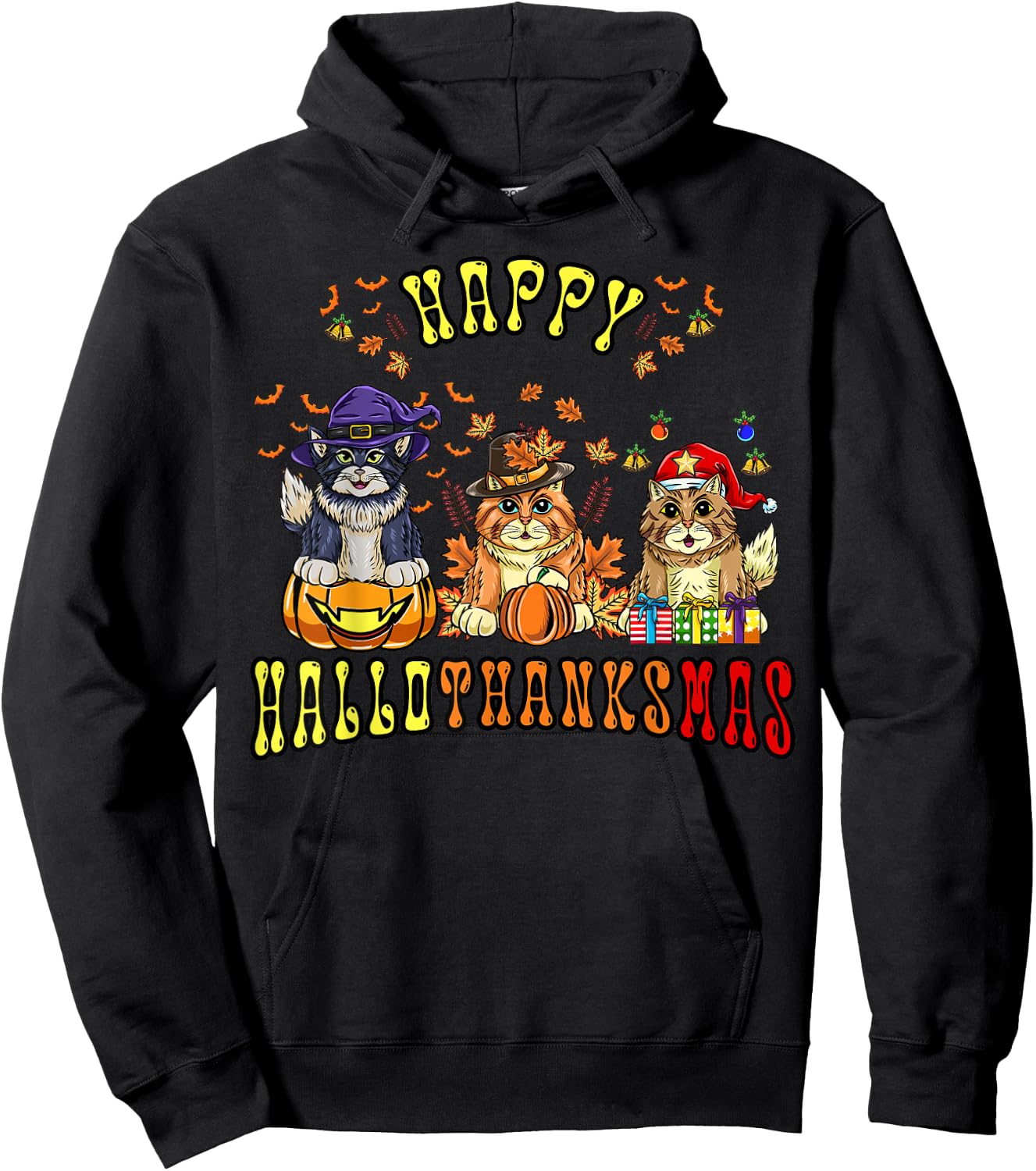 Happy Hallothanksmas Cats Halloween Thanksgiving Christmas Hoodie - Hoodie | Black