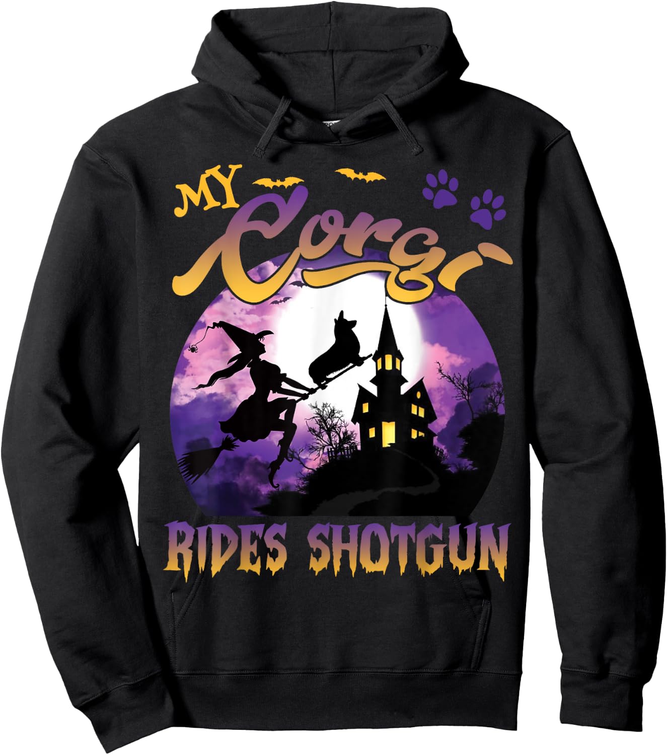 My Corgi Rides Shotgun Cool Halloween Protector Witch Dog Men Women Kids Hoodie - Hoodie | Black
