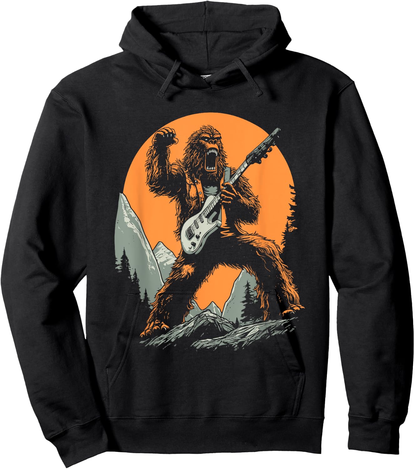Bigfoot Playing Electric Guitar Funny Sasquatch Rocker Hoodie - Hoodie | Black