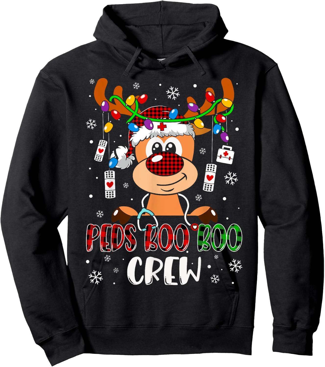 Peds Nurse Boo Crew Reindeer Nurse Buffalo Plaid Christmas Hoodie - Hoodie | Black