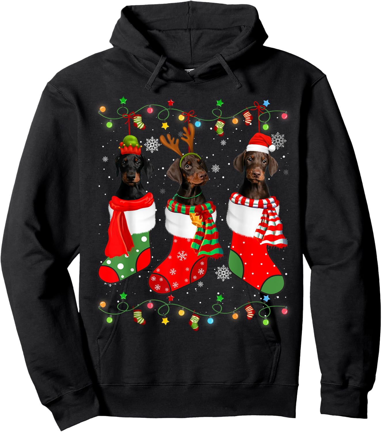 Doberman Dog Christmas Socks Santa Hat Xmas Lights Hoodie - Hoodie | Black