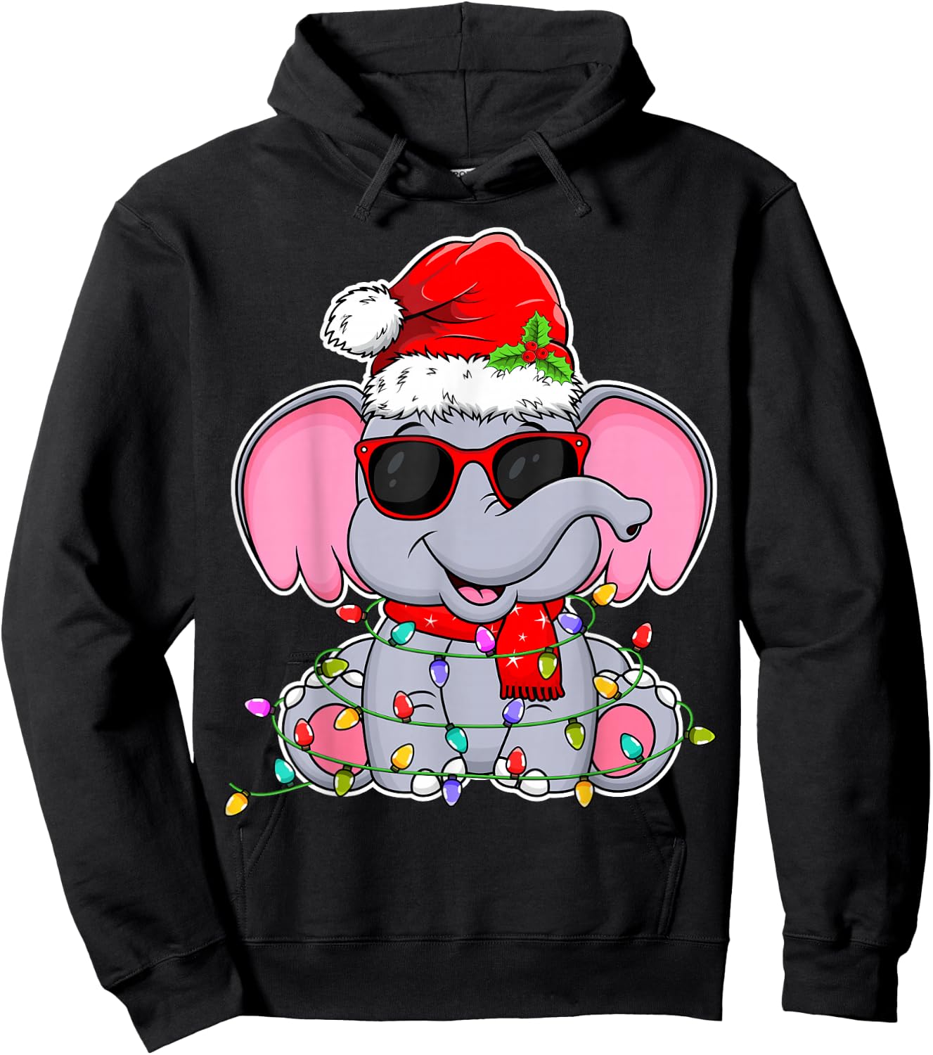 Elephant Wearing Glasses Santa Hat Elephant Lover Christmas Hoodie - Hoodie | Black